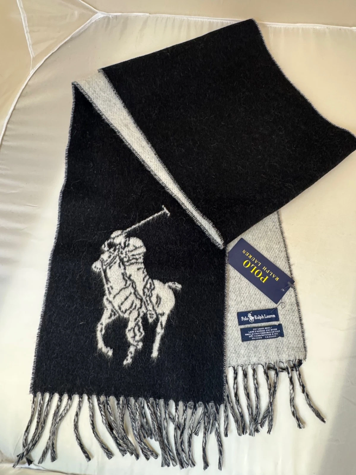 Polo Ralph Lauren Scarf Black & Gray 80% Wool Pony Winter Outdoors Preppy Logo