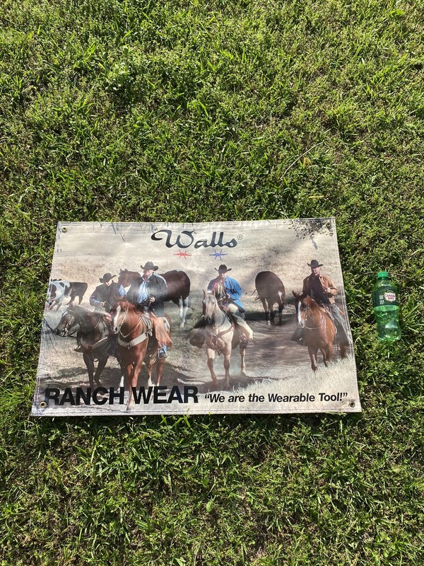 RARE VINTAGE WALLS RANCH WEAR WESTERN CLOTHING STORE BANNER SIGN COWBOY CATTLE
