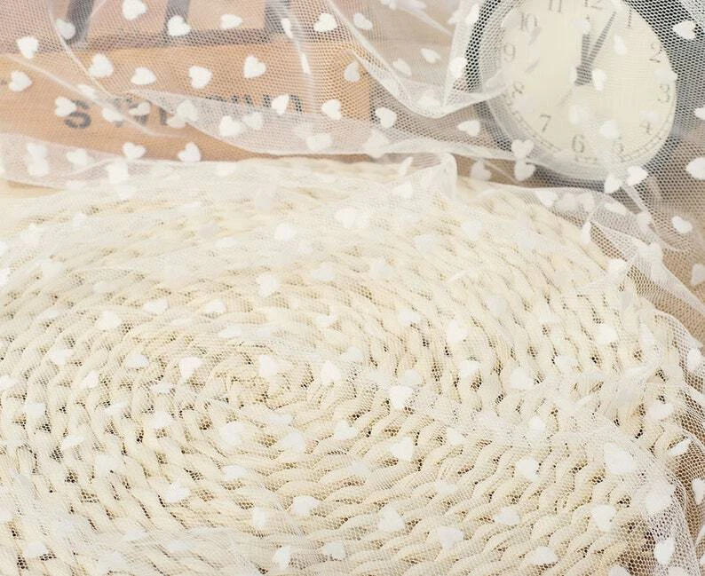 OFF WHITE Tessuto di pizzo a pois in tulle bianco sporco cuore floccato pizzo per veli abiti