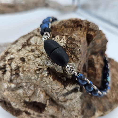 Armband Damen Schmuck Blau Matt Silber Glänzend 22cm Lang Magnet Unikat Handmade - Bild 2 von 6