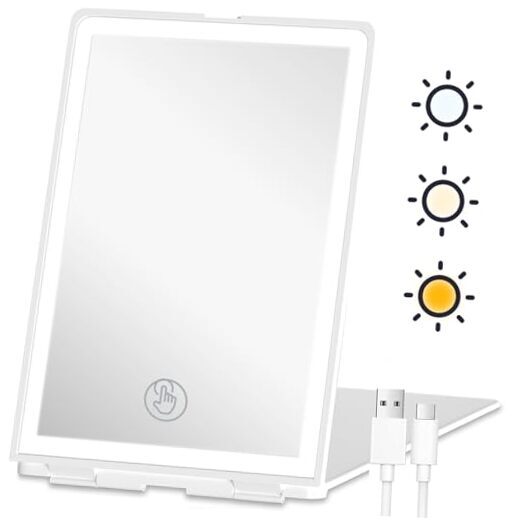 Rechargeable Travel Makeup Mirror with LED Lights, Portable Folding Compact-image