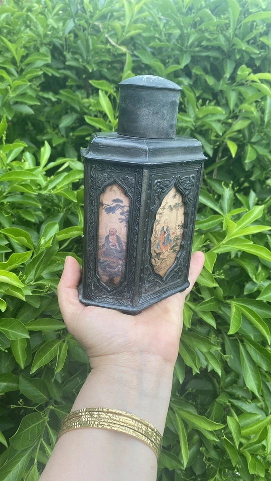 Caddy de chá de vidro pintado reverso chinês do século XIX estanho Swatow City - Imagem 2 de 4