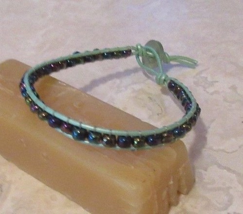 Iridescent Bracelet, Iridescent Purple, Green, Pink, Blue Glass on Mint Leather - Picture 4 of 6