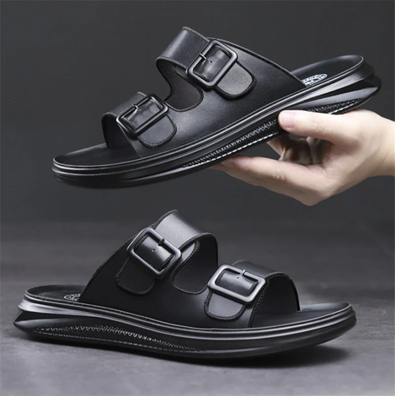 Summer Male Black Slippers Men, Men Leather Sandals and Slippers