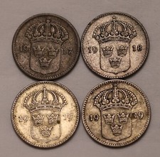 Sweden 10 Ore 1917, 1918, & 1919 (2) KM# 780; 4 Silver Swedish Coins
