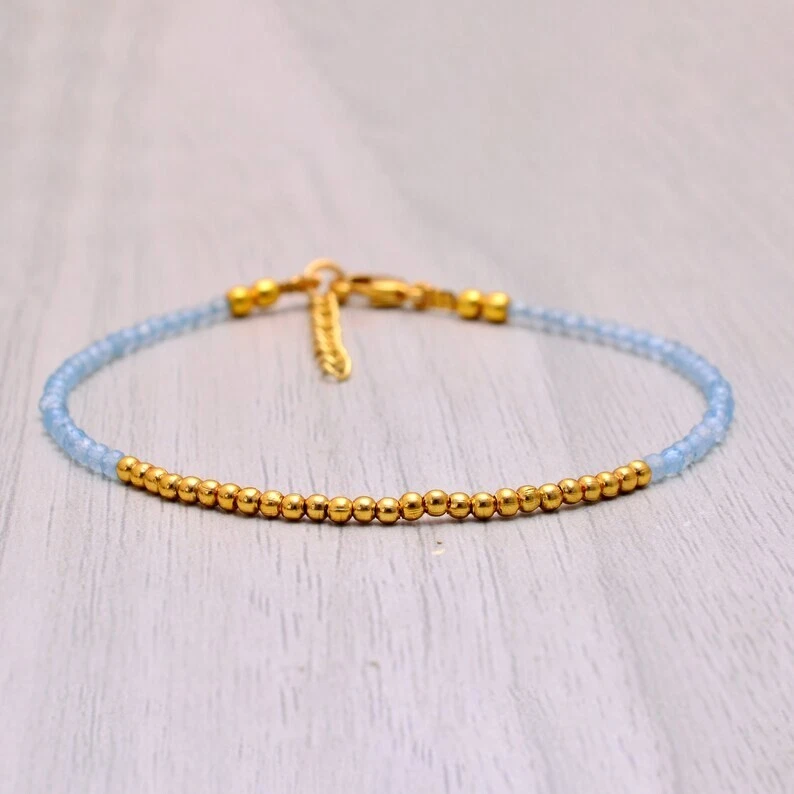 Delicadas pulseras aguamarina facetadas redondas con piedras preciosas rellenas de oro 2-3 mm 6-8"" Foto 4 de 4