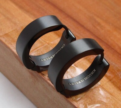 Edelstahl Ohrringe Schwarz Matt Titan Stab Herren Klapp Creolen 18mm Gebürstet