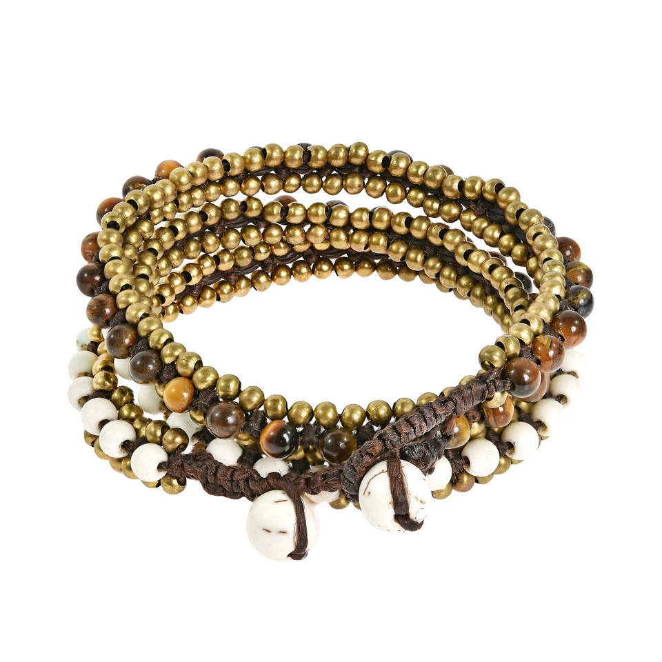 Pulsera Boho Ojo de Tigre Blanco Howlite Triple Envoltura Fusión Cuerda de Algodón Foto 3 de 4