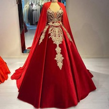 Red Gold Arabic Ball Wedding Dresses With Cape V Neck Lace Custom Bridal Gowns