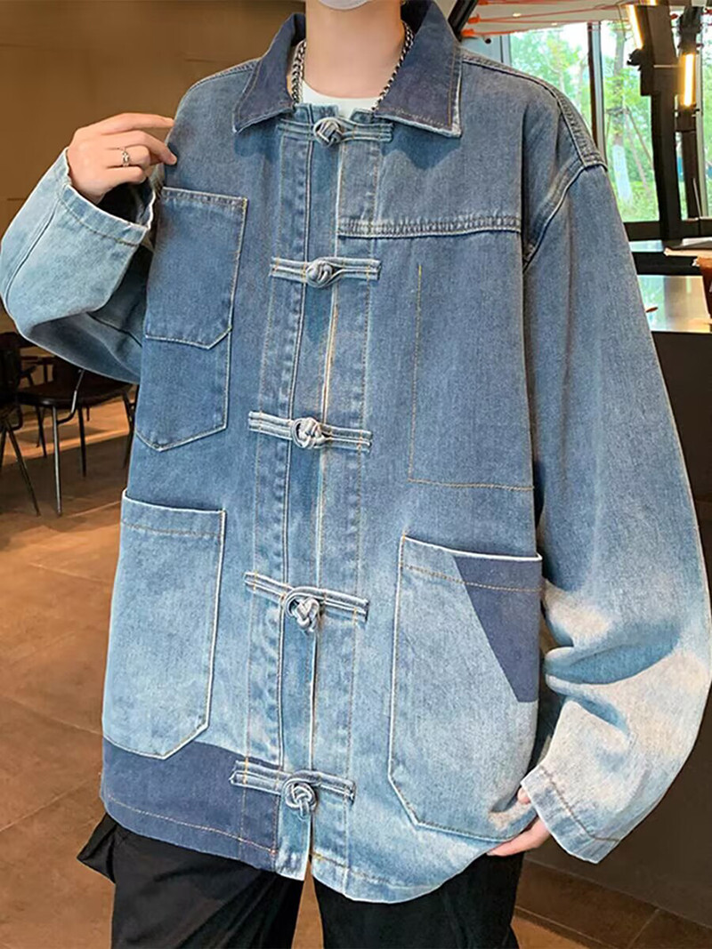 Chinese Style Retro Mens Denim Coat Work Jean Jacket Casual Loose