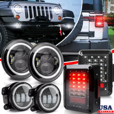 Combo 7'' Round Headlight Smoked Tail Light Fog Lamp For Jeep Wrangler JK 2007-18