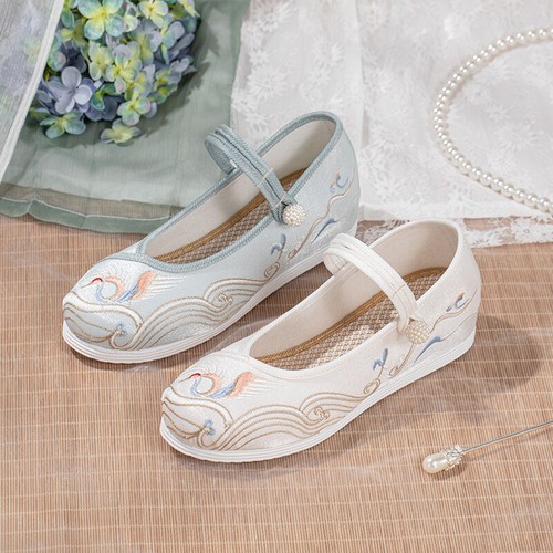 Lady Shoes Buckle Embroidered Floral Hidden Heel Ancient Hanfu Breathable Shoes - Picture 4 of 11