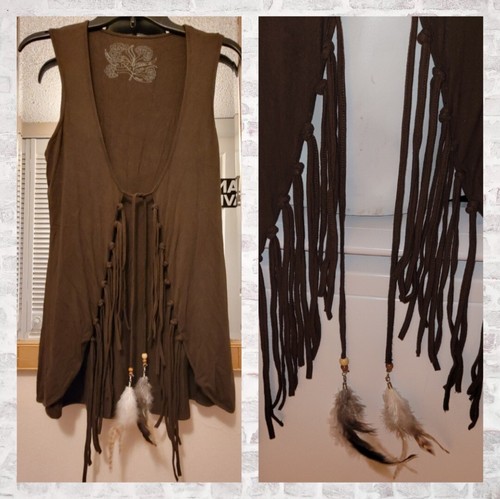 American Rag🪶 Brown knotted Boho Vest Top Hippie Vibes with Feathers Small NWOT - Picture 2 of 9