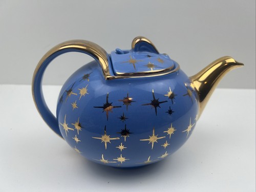 Vintage MCM Hall Periwinkle Blue Gold Atomic Starburst Star Cadet Teapot 6 Cup