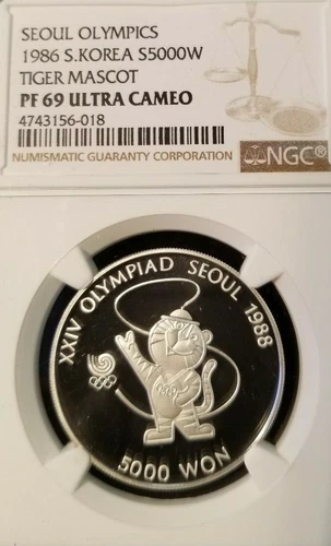 1986 SOUTH KOREA SILVER 5000 WON TIGER MASCOT NGC PF 69 ULTRA CAMEO HIGH GRADE