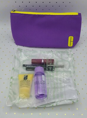 Clinique   5 Piece Deluxe Samples w Purple Makeup Bag   NEW in Sealed Pkg