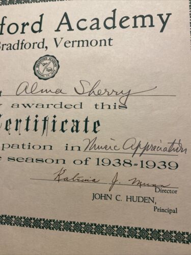1939 Bradford Academy School Award Certificato Appriecation Musicale Vermont VT P7b - Foto 7 di 15