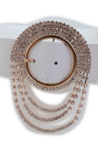 Women White Faux Leather Strap Stretch Edgy Fashion Belt Gold Round Buckle S M - Picture 13 of 20