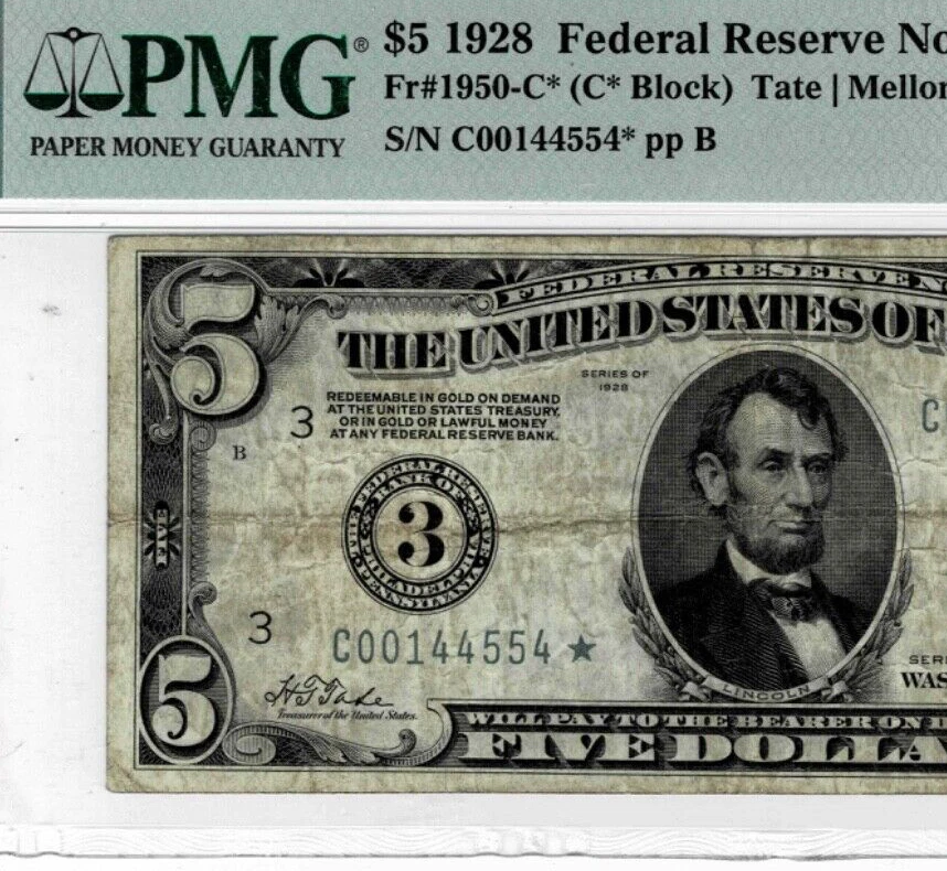 1928 $5 Federal Reserve*STAR*note-(Philly) fr.1950-C*--PMG 20--Scarce 1 of 9 - Image 3 of 4