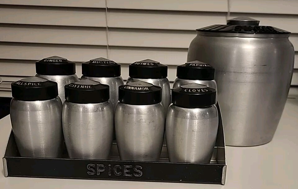 Aluminium Spice Rack set of 8 shakers And Sugar Canister by Kromex
