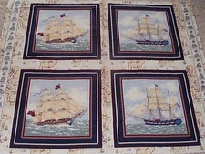 4 Tall Ships Boats Pillow Panels Fabric Ancient Mariners Nautical 100% Cotton