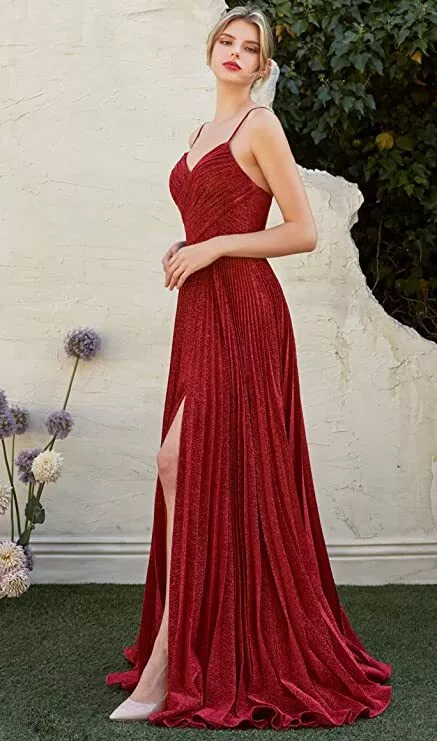 Women s Formal Metallic Pleated Skirt Pageant Long Evening Gown prom dress