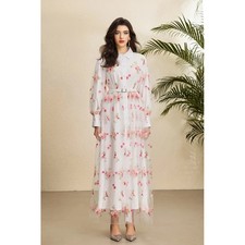 French Style Womens Long Puff Sleeve Mesh Floral Embroidery Long Dress Button OL