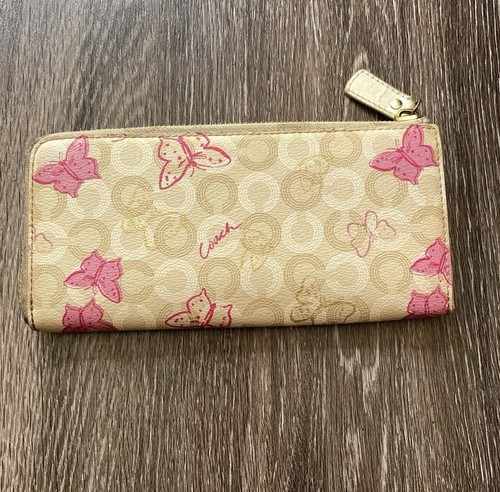 COACH Leather Pink Brown Cream Butterfly Canvas Women’s Wallet Multi Pocket - Picture 4 of 14