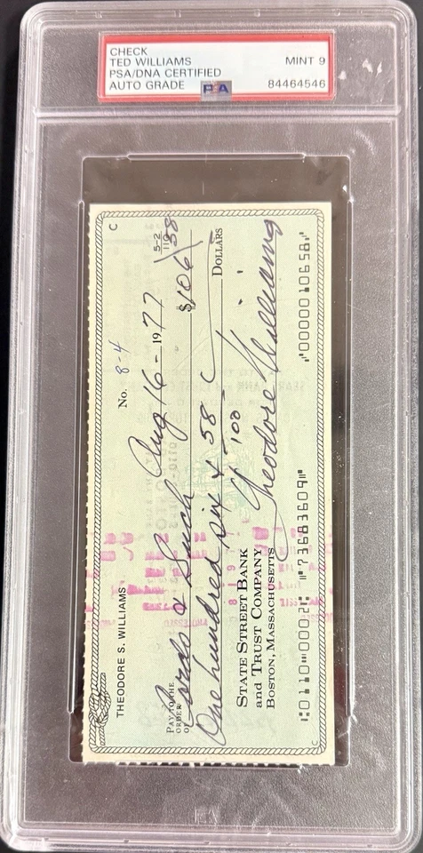 Ted Williams Signed Personal Check PSA/DNA Encapsulated & Auto Grade PSA MINT 9 - Image 1 of 3