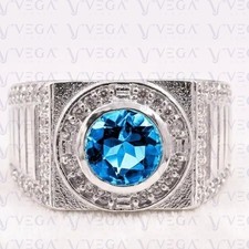 5.00Carat Round Cut Natural Topaz and Diamond Men's Ring 950 Pt Solid Platinum