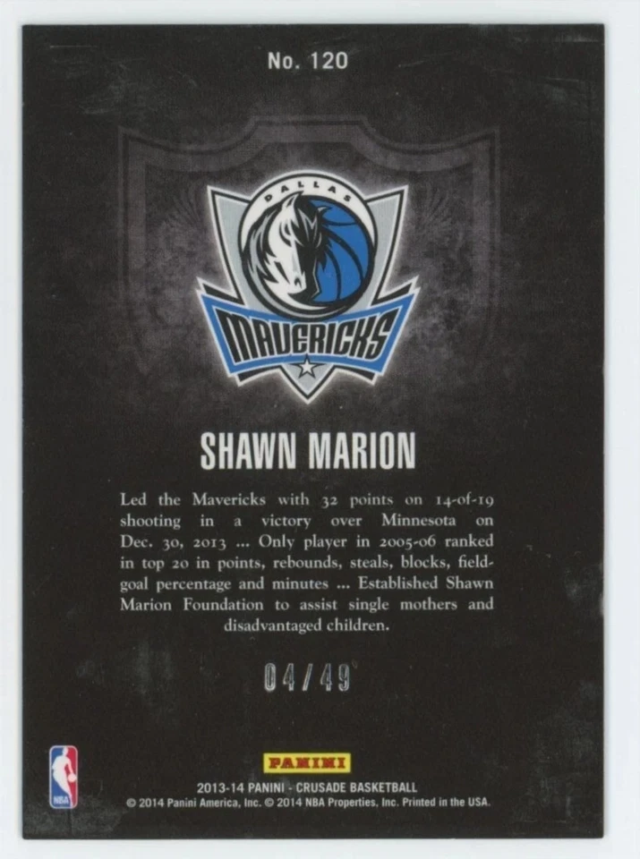 2013 Panini крестовый поход /49 фиолетовый призма Шон Марион Даллас Маверикс - Изображение 2 из 2