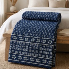 Blue Handmade Kantha Quilt  Block Print Bedspread  Cotton Indigo Bedcover