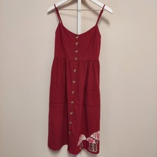 SHEIN Red Smocked Bodice Midi Dress Mushroom Patch Applique Boho Cottagecore