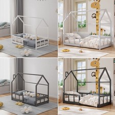 Toddler Kids Single House Bed Frame with Chimney, Pine Wood, White/Grey 167x87cm