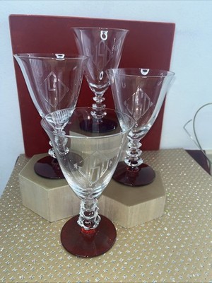Vintage Set Of 4 Red Wine Stem Glasses Red Base 3 Geometric Cubes Monogrammed