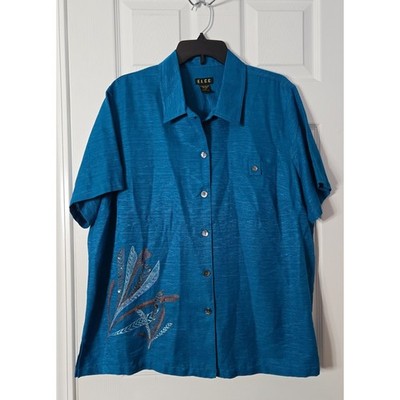 E L C C Womans Plus Size Blouse  100% Silk SIze 1X Turquoise