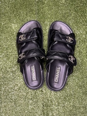Chanel Black Quilted Leather Sandals CC Logo Double Strap Women s Size 8