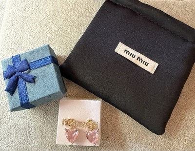 Miu Miu Gold PINK Logo HEART CRYSTAL Earrings Authentic Dust Bag PRE-OWNED