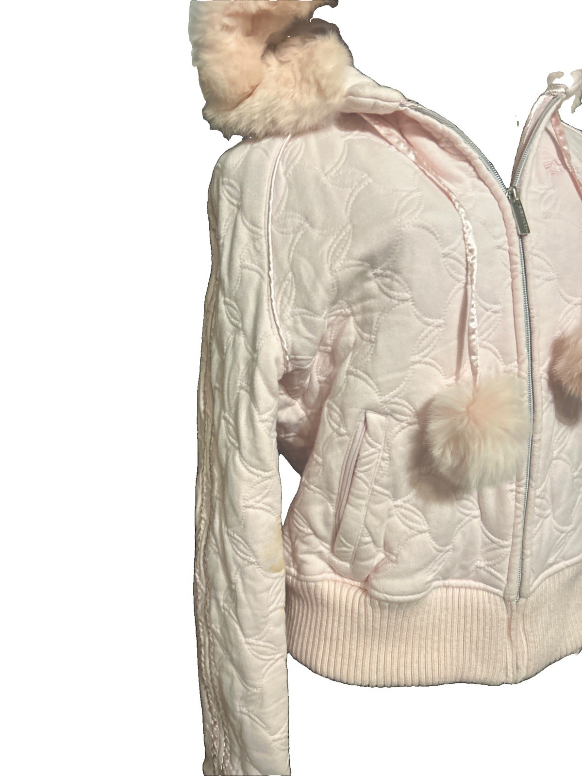Vintage Pink Rabbit Fur Coat Quilted Size M Hooded Pom Pom’s Blush RARE! Bebe image 4