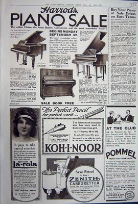 Alte Vintage Print Reklame 1922 Harrods Klavierknauf Bleistift Zenith 20.