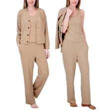 Live 2 Lounge Women's 3-Piece Cable Knit Textured Lounge Set, Tan, Size: Large