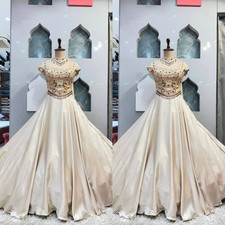 Champagne Satin Wedding Dresses Square Neck Beaded Cap Sleeve A Line Bridal Gown