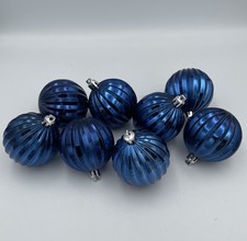 Lot 8 Sapphire Blue Christmas Ball Ornaments Ribbed Shatterproof Round Shiny 3  