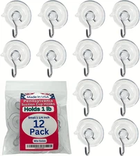 12 Pak Small 1 ¼ -Inch (Made in Pennsylvania) Heavy Duty Suction Cup Hooks for G