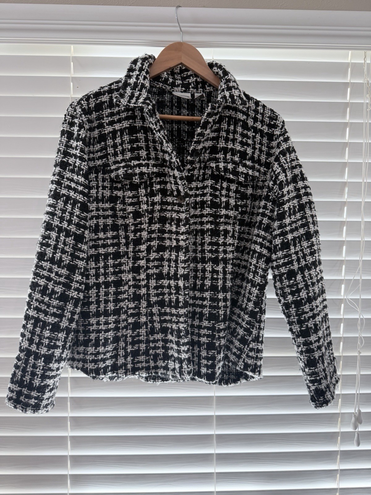 Chico's Black White Check Jacket Size 2 Button Front Collared Pockets