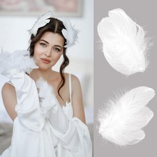 2 Pcs White Feather Hair Clips for Women Pearl Artificial Swan Ostrich Feathe...