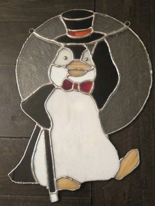 13" Stained Glass Penguin Tuxedo Top Hat W/cane LARGE