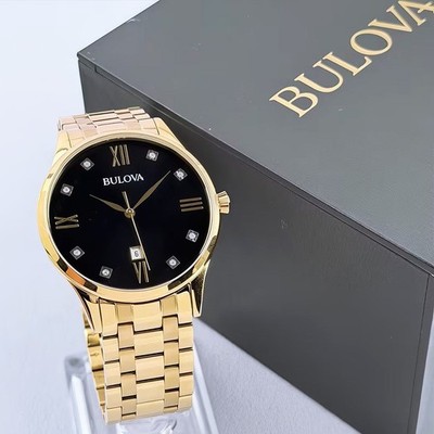 Bulova Men's Classic 97D108 Diamond Black Dial Gold Bracelet Quartz Watch 40mm