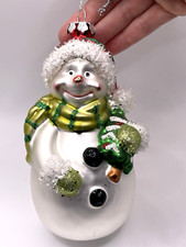 Large Snowman Holding Christmas Tree Glass Christmas Ornament 6" Length