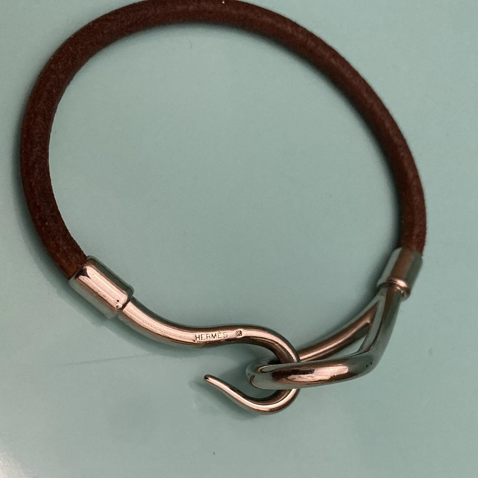 HERMES Jumbo Bangle Bracelet Leather Silver Brown Tone/2AD0837 - Image 2 of 3